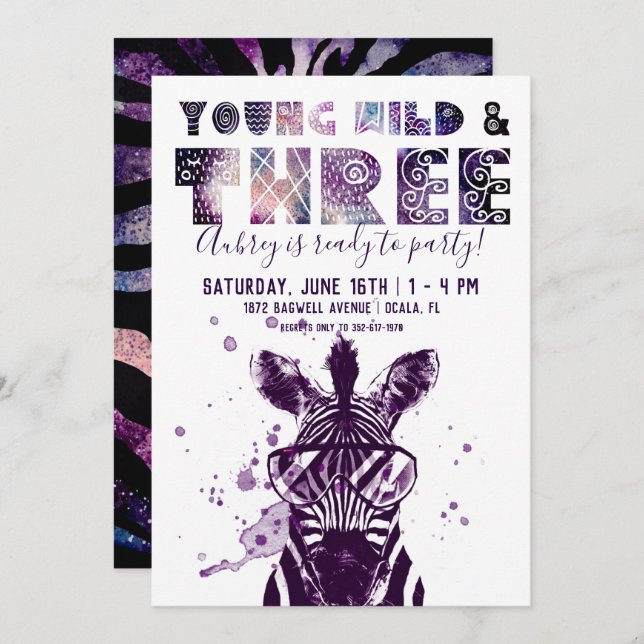 Young, Wild & Three | Rockstar Zebra Invitation (Front/Back)