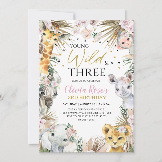 Young, Wild & Three Safari 3rd Birthday Animals  Invitation (Front)