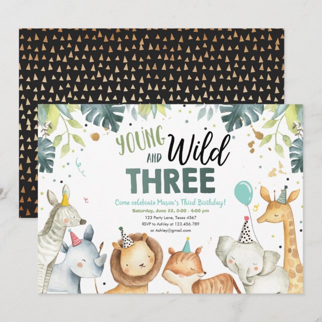 Young Wild Three Safari Animal Birthday Invitation (Front/Back)
