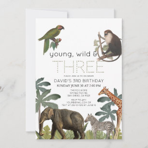 Young Wild & Three Safari Animals 3rd Birthday Invitation