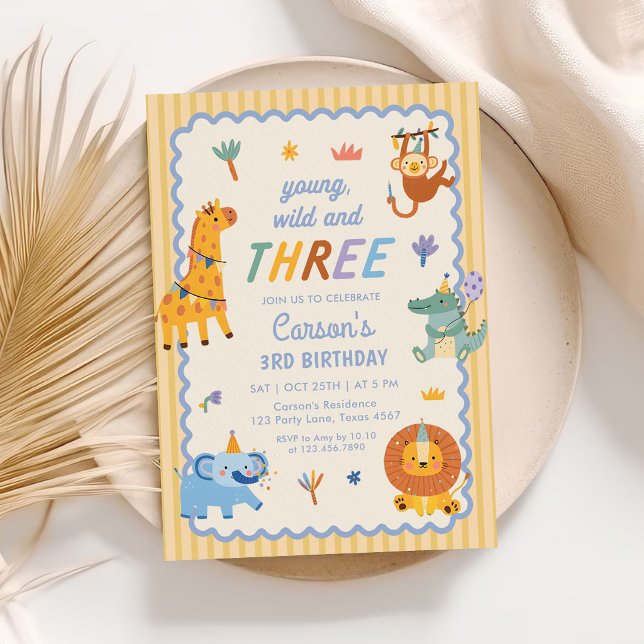 Young Wild & Three Safari Animals 3rd Birthday Invitation (Creator Uploaded)
