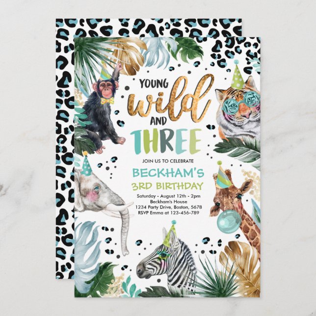 Young Wild & Three Safari Animals 3rd Boy Birthday Invitation (Front/Back)