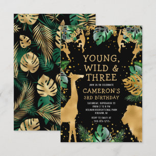 Young Wild Three Safari Green Black 3rd Birthday Invitation