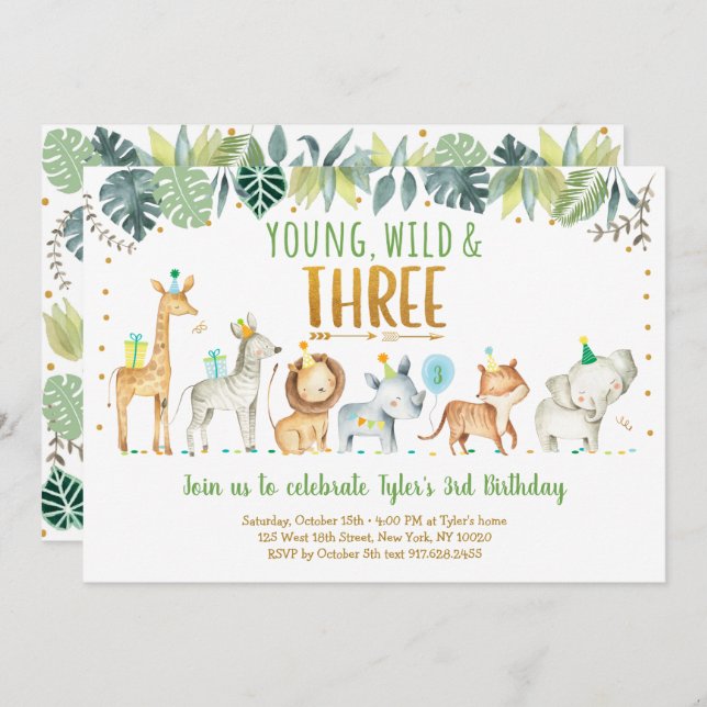 Young Wild & Three Safari Jungle Birthday Invitation (Front/Back)