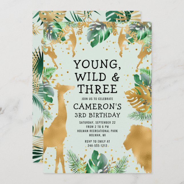 Young Wild Three Safari Pastel Green 3rd Birthday Invitation (Front/Back)