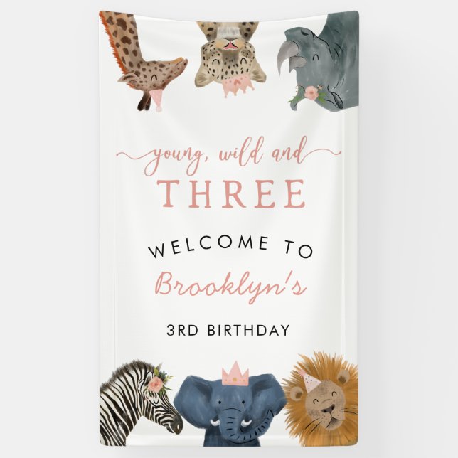 Young Wild Three Safari Theme Girl's 3rd Birthday  Banner (Vertical)