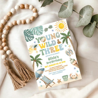 Young Wild & Three Summer Beach 3rd Birthday Invitation