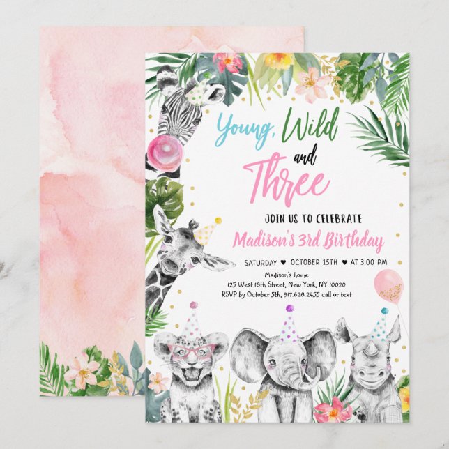 Young Wild & Three Tropical Safari Girl Birthday Invitation (Front/Back)