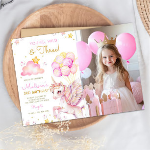 Young Wild & Three Unicorn 3rd Birthday Photo Invitation