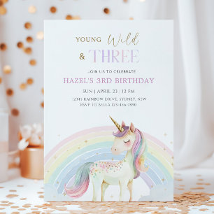 Young Wild & Three Unicorn Rainbow 3rd Birthday Invitation