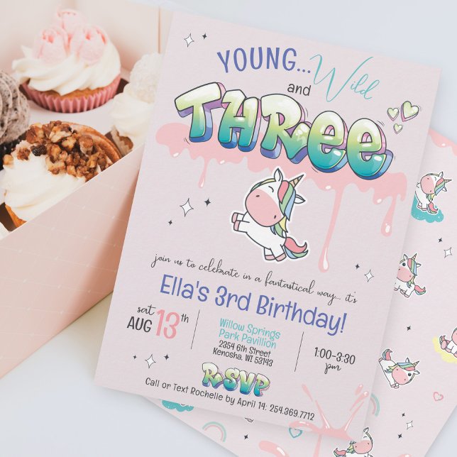 Young Wild Three Unicorn Rainbow Girl 3rd Birthday Invitation (Young Wild and THREE cute girl kawaii unicorn rainbow pink purple graffiti magic 3rd birthday invite)