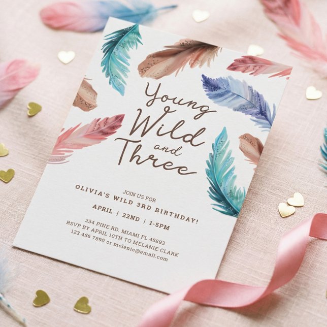 Young Wild & Three Watercolor Boho Feathers Invitation (Young Wild & Three Watercolor Boho Birthday Invitation)