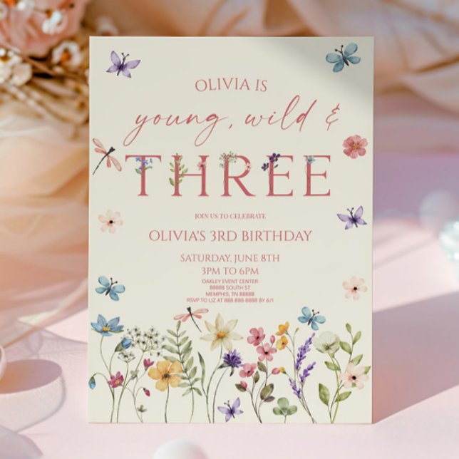 Young Wild & Three Wildflower 3rd Birthday Party Invitation (Creator Uploaded)