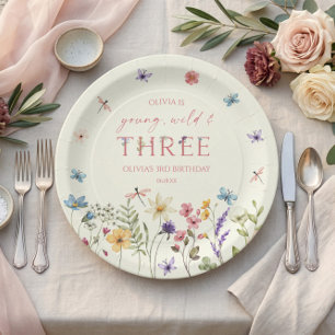 Young Wild & Three Wildflower 3rd Birthday Party Paper Plate