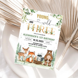 Young Wild Three Woodland Boy Birthday Invitation