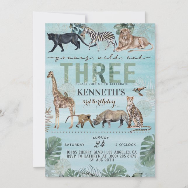 Young Wild & Three Zoo Animal Birthday Invitation (Front)