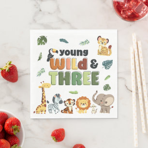 Young Wild Three Zoo Safari Animal Birthday Party Napkin
