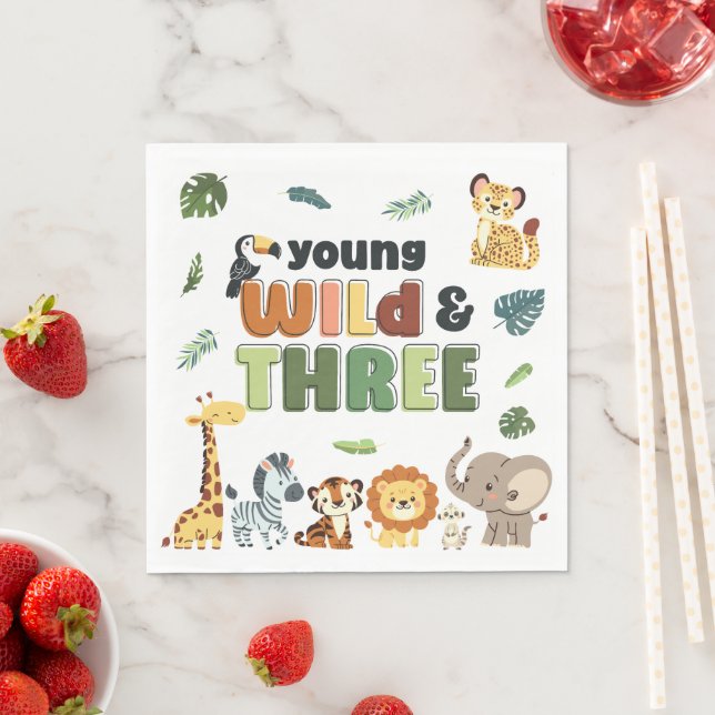 Young Wild Three Zoo Safari Animal Birthday Party Napkin (Insitu)