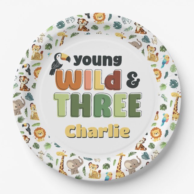 Young Wild Three Zoo Safari Animal Birthday Party Paper Plate (Front)