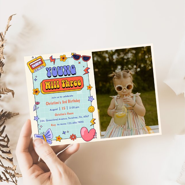 Young Will Three Groovy Hippie 3rd Birthday Photo Invitation (Creator Uploaded)
