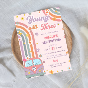 Young Will Three Groovy Retro Daisy 3rd Birthday  Invitation