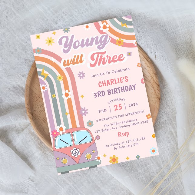 Young Will Three Groovy Retro Daisy 3rd Birthday  Invitation (Creator Uploaded)