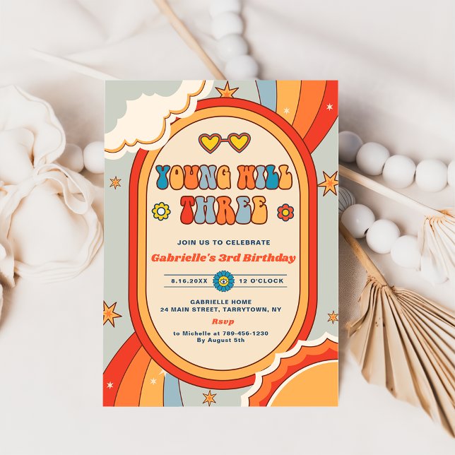 Young Will Three Groovy Retro Rainbow  Birthday  Invitation (Creator Uploaded)