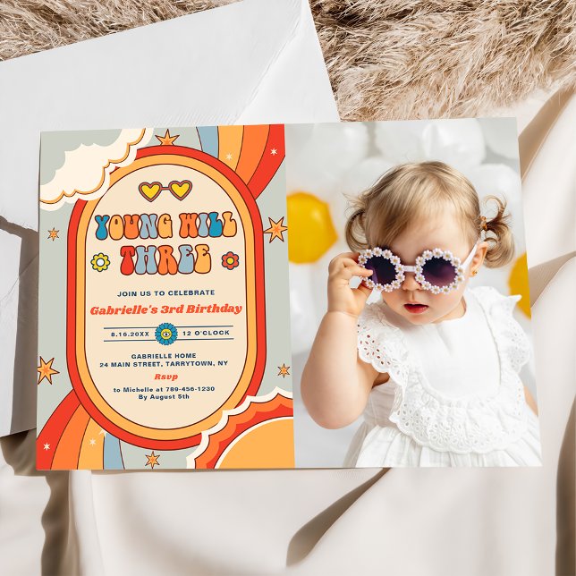 Young Will Three Groovy Retro Rainbow Birthday  Invitation (Creator Uploaded)