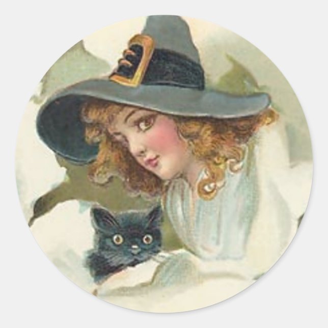 Young Witch & Black Cat - Halloween Sticker (Front)