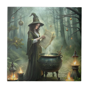 Young Witch in Mystical Forest Ritual Ceramic Tile