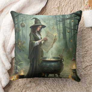 Young Witch in Mystical Forest Ritual Cushion