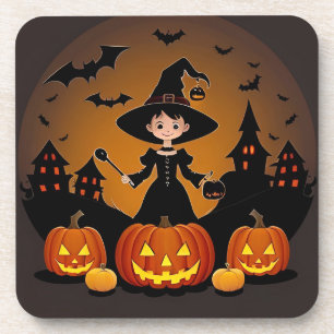 Young Witch with Pumpkins and Haunted Houses Coaster