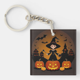 Young Witch with Pumpkins and Haunted Houses Key Ring