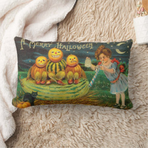 Young Witch's Brew: Pumpkin Men on Magick Altar Lumbar Cushion