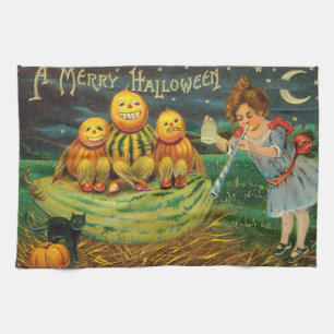 Young Witch's Brew: Pumpkin Men on Magick Altar Tea Towel