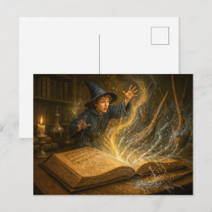 Young wizard with book fantasy illustration holiday postcard