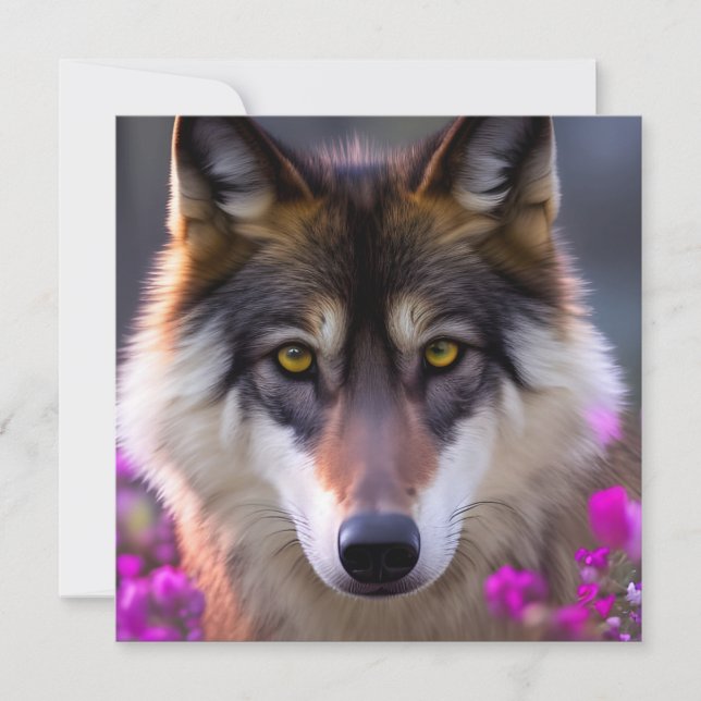 Young wolf in fuchsia pink flowers card (Front)