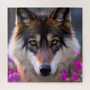 Young wolf in fuchsia pink flowers jigsaw puzzle