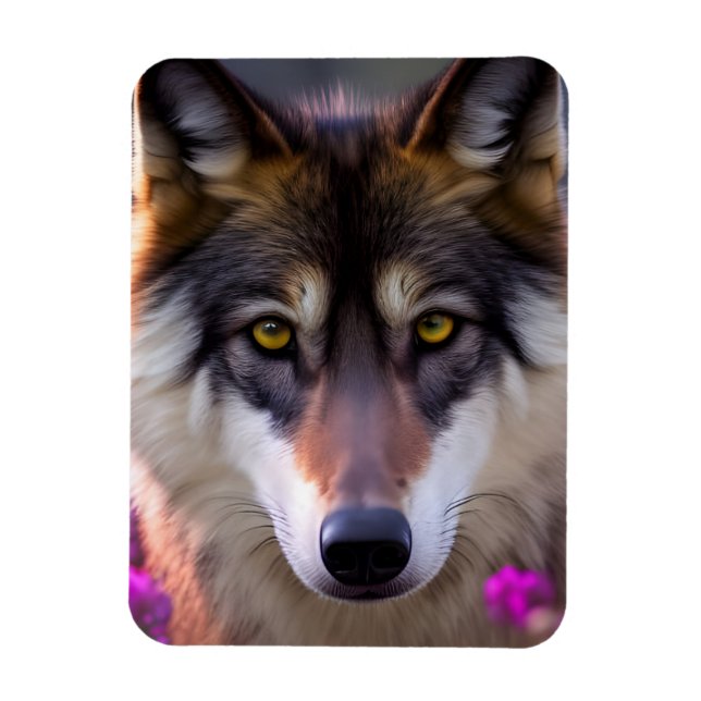 Young wolf in fuchsia pink flowers  magnet (Vertical)