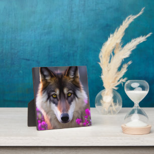 Young wolf in fuchsia pink flowers plaque