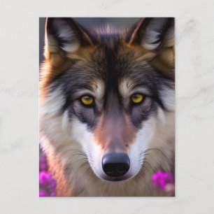 Young wolf in fuchsia pink flowers postcard
