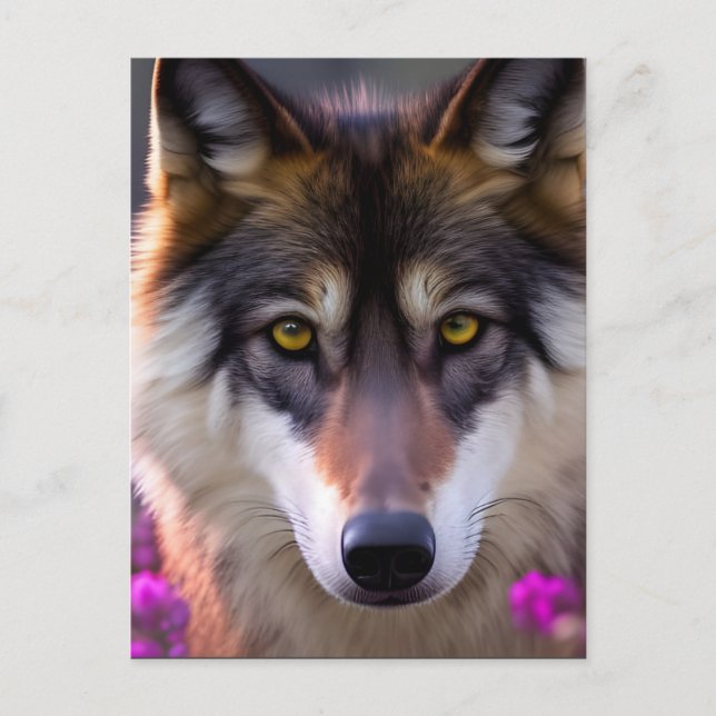 Young wolf in fuchsia pink flowers postcard (Front)