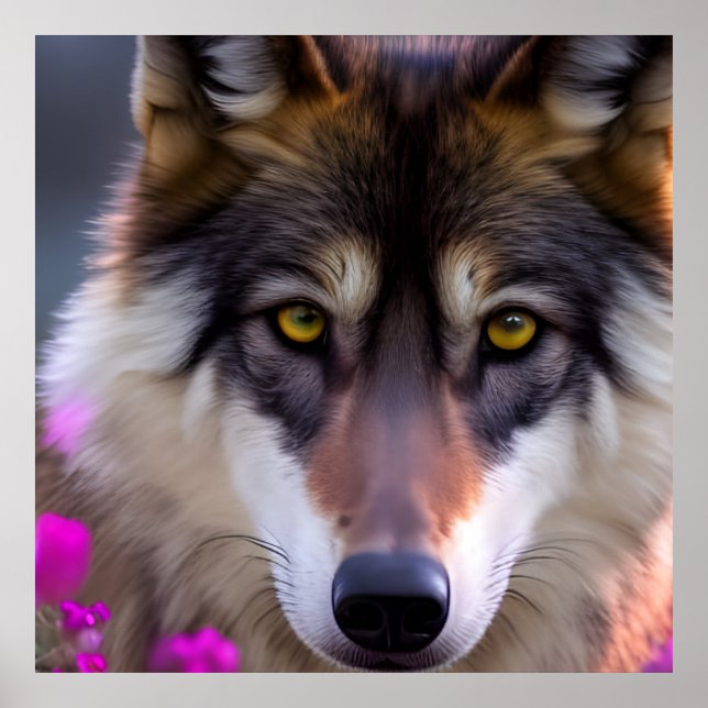 Young wolf in fuchsia pink flowers  poster (Front)