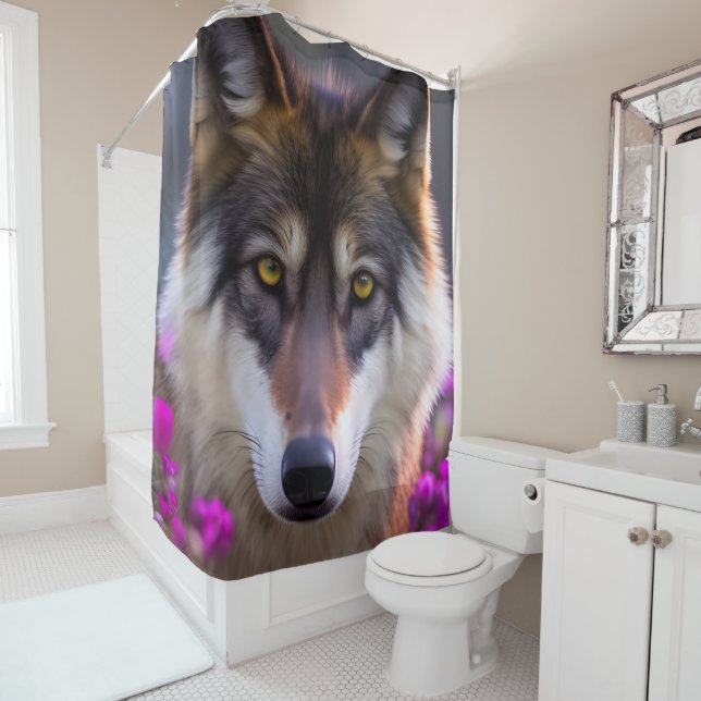 Young wolf in fuchsia pink flowers   shower curtain (In Situ)