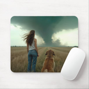 Young Woman and Dog Watching a Tornado Mouse Pad
