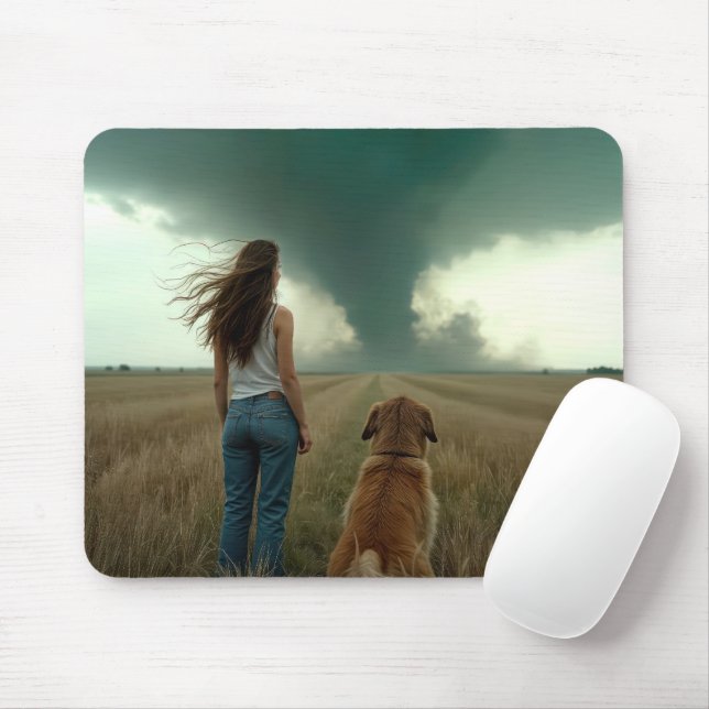 Young Woman and Dog Watching a Tornado Mouse Pad (With Mouse)
