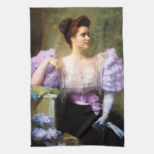 Young woman by a bouquet of hydrangeas tea towel