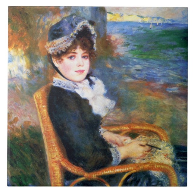 Young Woman by the Seashore (by Renoir) Ceramic Tile (Front)