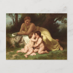 Young woman contemplating two embracing children postcard