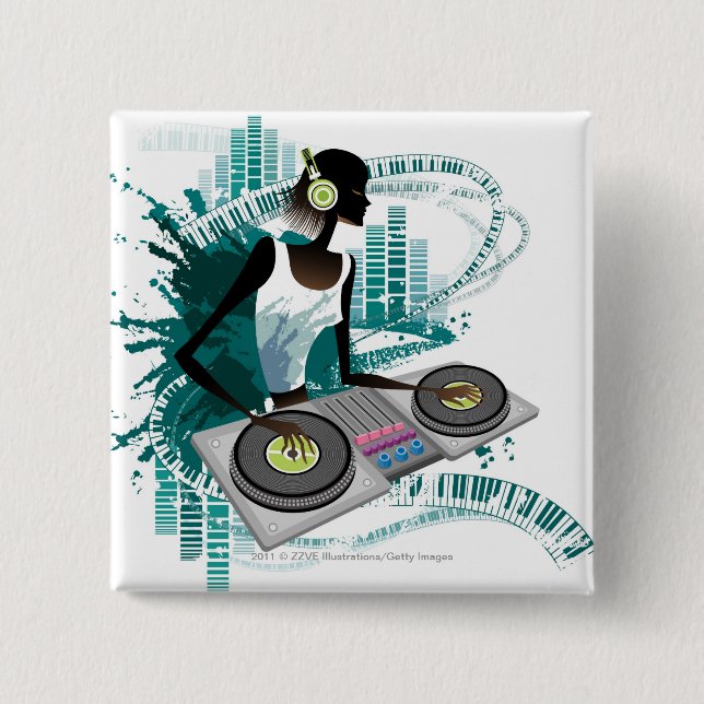 Young woman Dj Using Turntable in Nightclub 15 Cm Square Badge (Front)